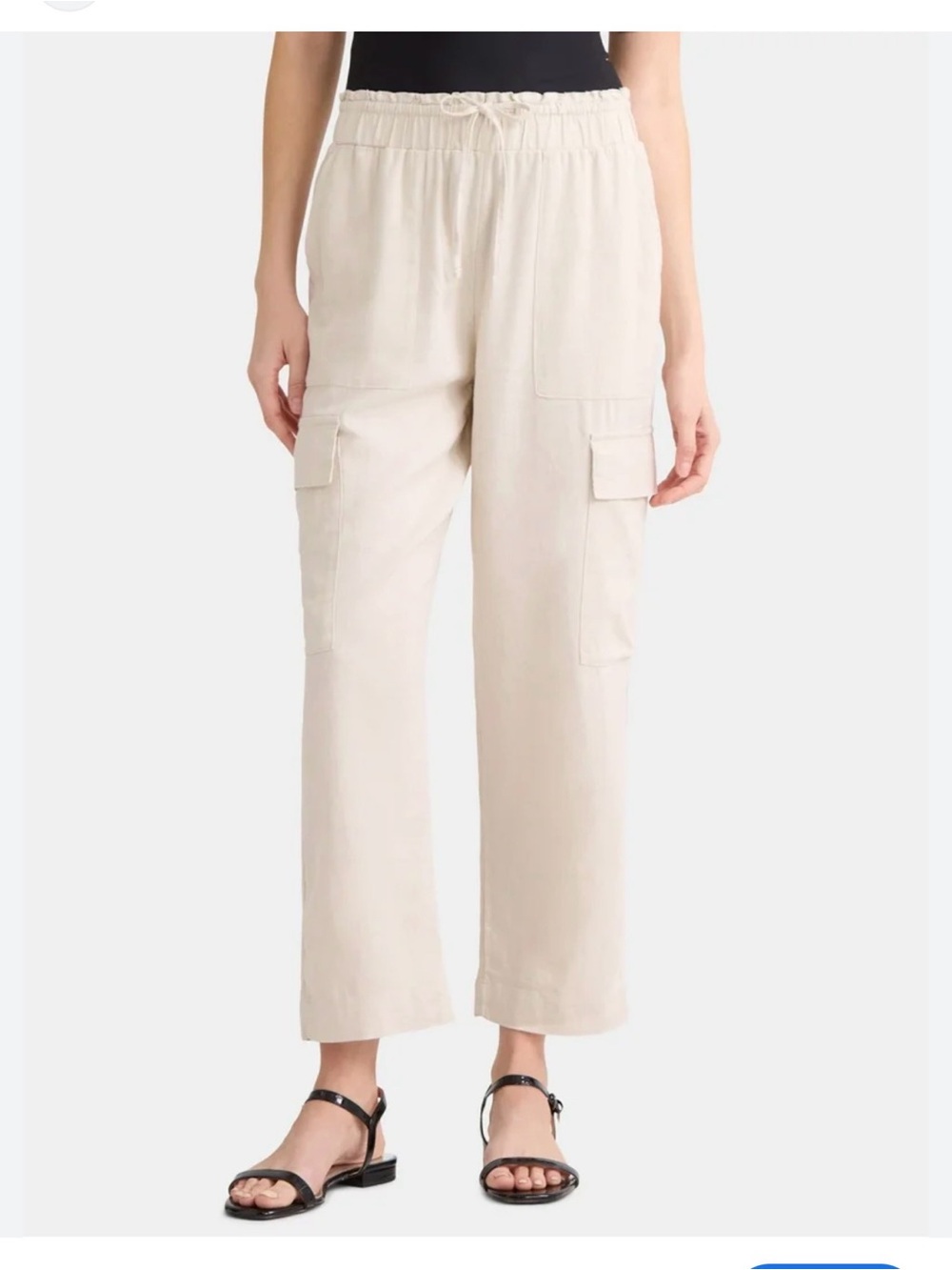 Time And Tru Women's Beige Linen Wide-Leg Cargo Pants with Drawstring Size M